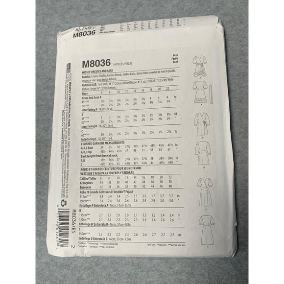 McCalls M8036 Misses Dress & Sash Sewing Pattern E5 Sizes 14 16 18 20 22 Uncut 2 - Picture 3 of 4